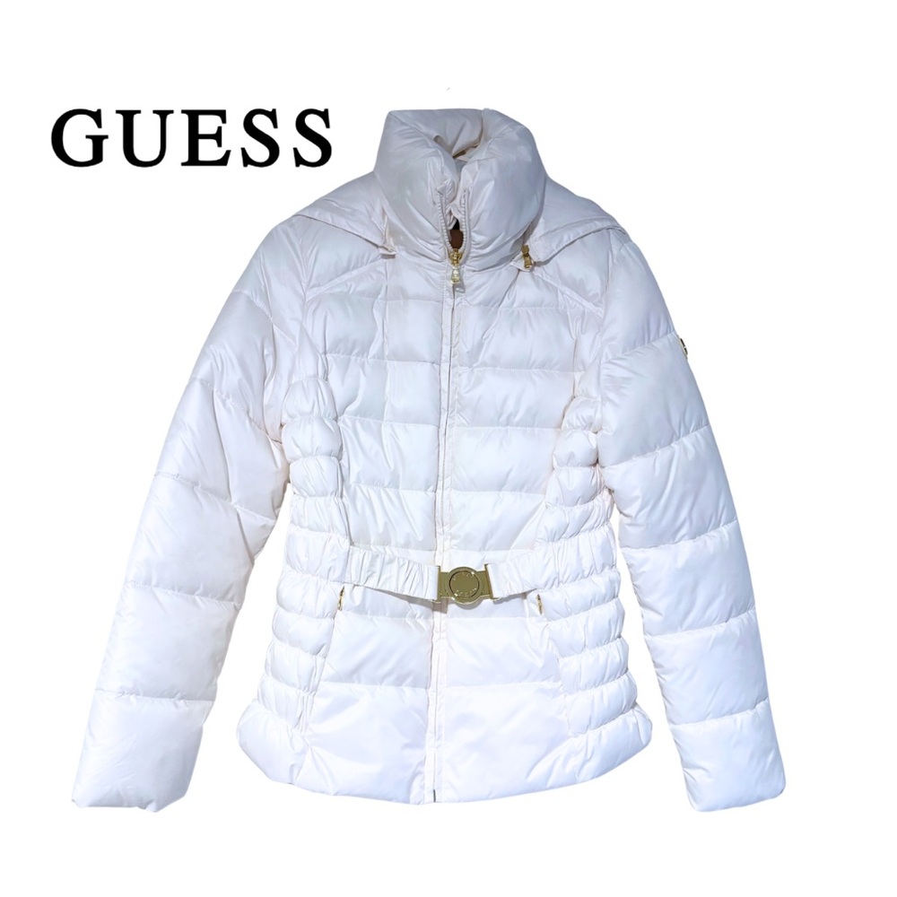 GUESS Women's Snow White Puffer Coat Jacket with Gold Belt Après Ski